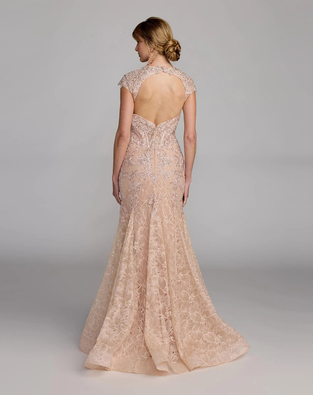 Pink Embroidered Lace Mermaid Gown With Cap Sleeves - FOSTANI.com