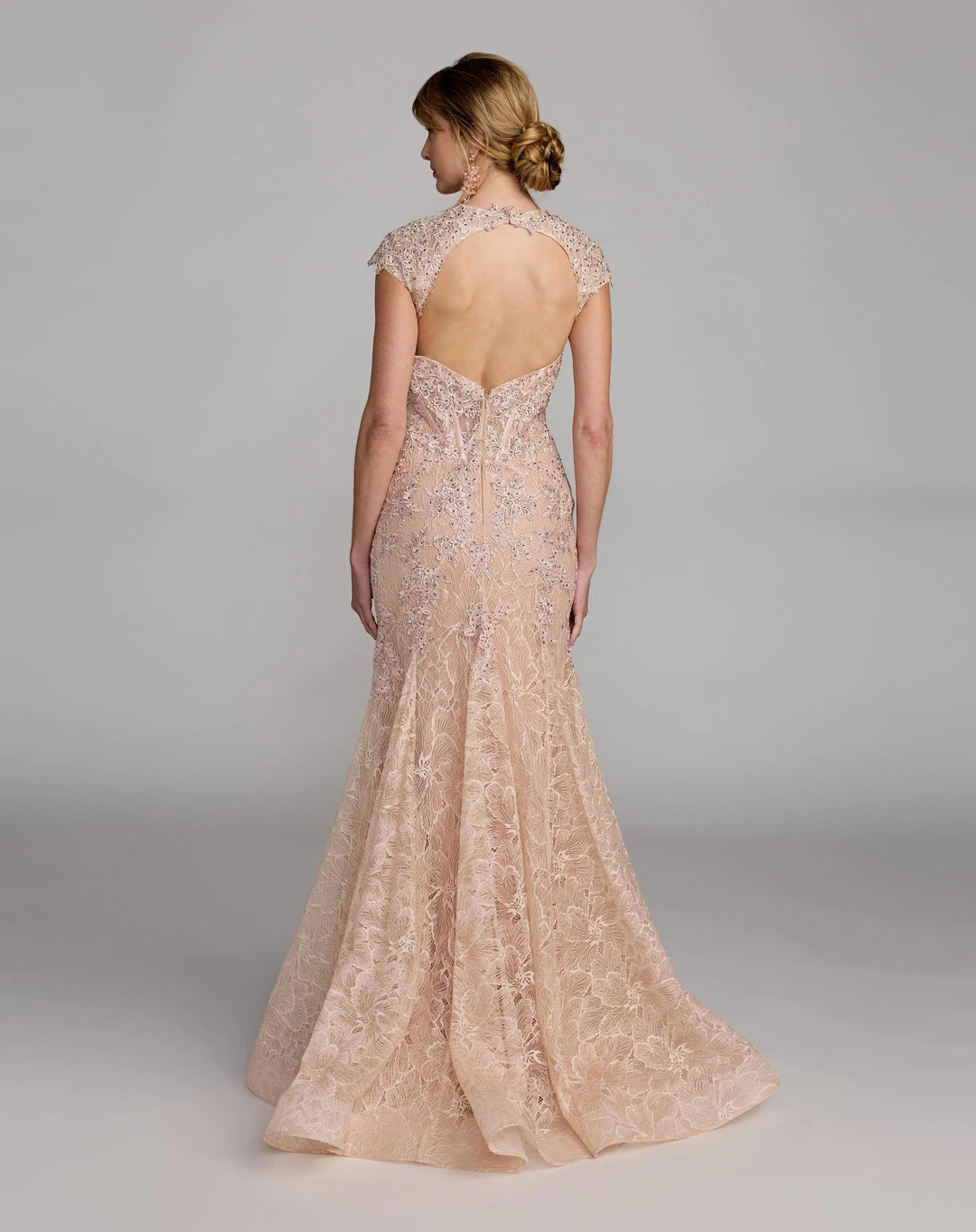Pink Embroidered Lace Mermaid Gown With Cap Sleeves - FOSTANI.com
