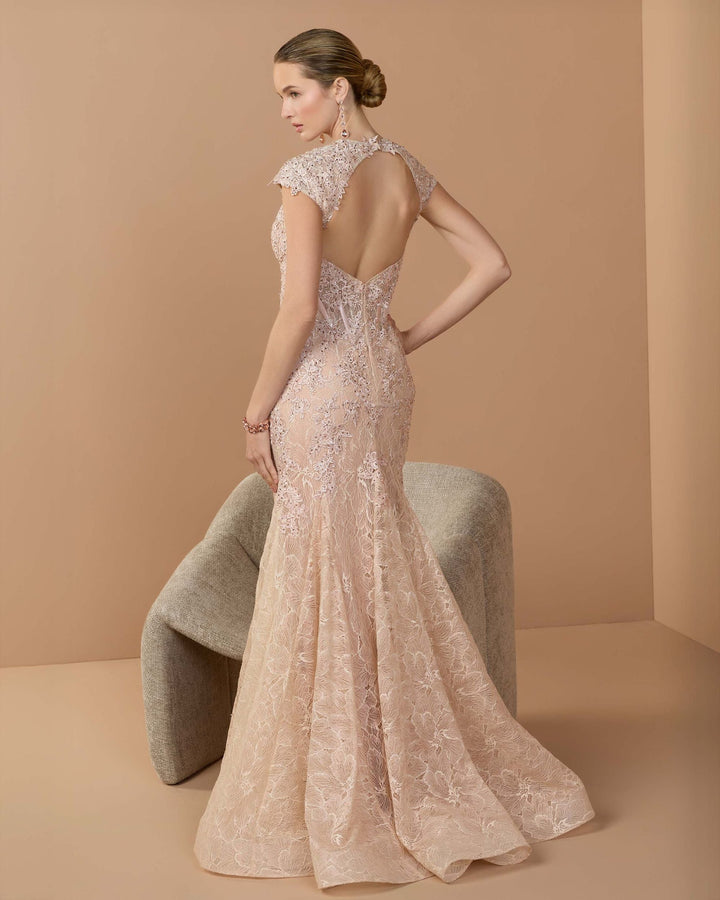 Pink Embroidered Lace Mermaid Gown With Cap Sleeves - FOSTANI.com