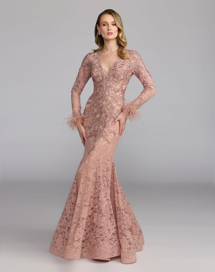 Mac Duggal 79452 Long Sleeve Feather Embellished Mermaid Gown