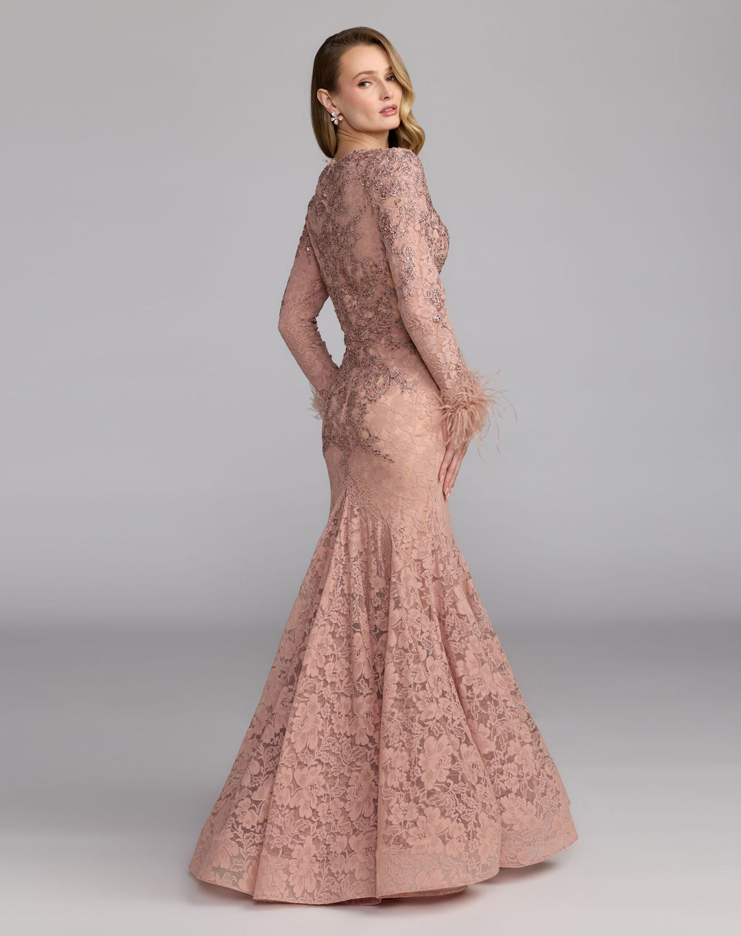 Mac Duggal 79452 Long Sleeve Feather Embellished Mermaid Gown