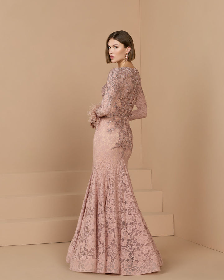 Mac Duggal 79452 Long Sleeve Feather Embellished Mermaid Gown