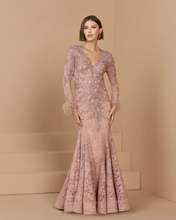Mac Duggal 79452 Long Sleeve Feather Embellished Mermaid Gown