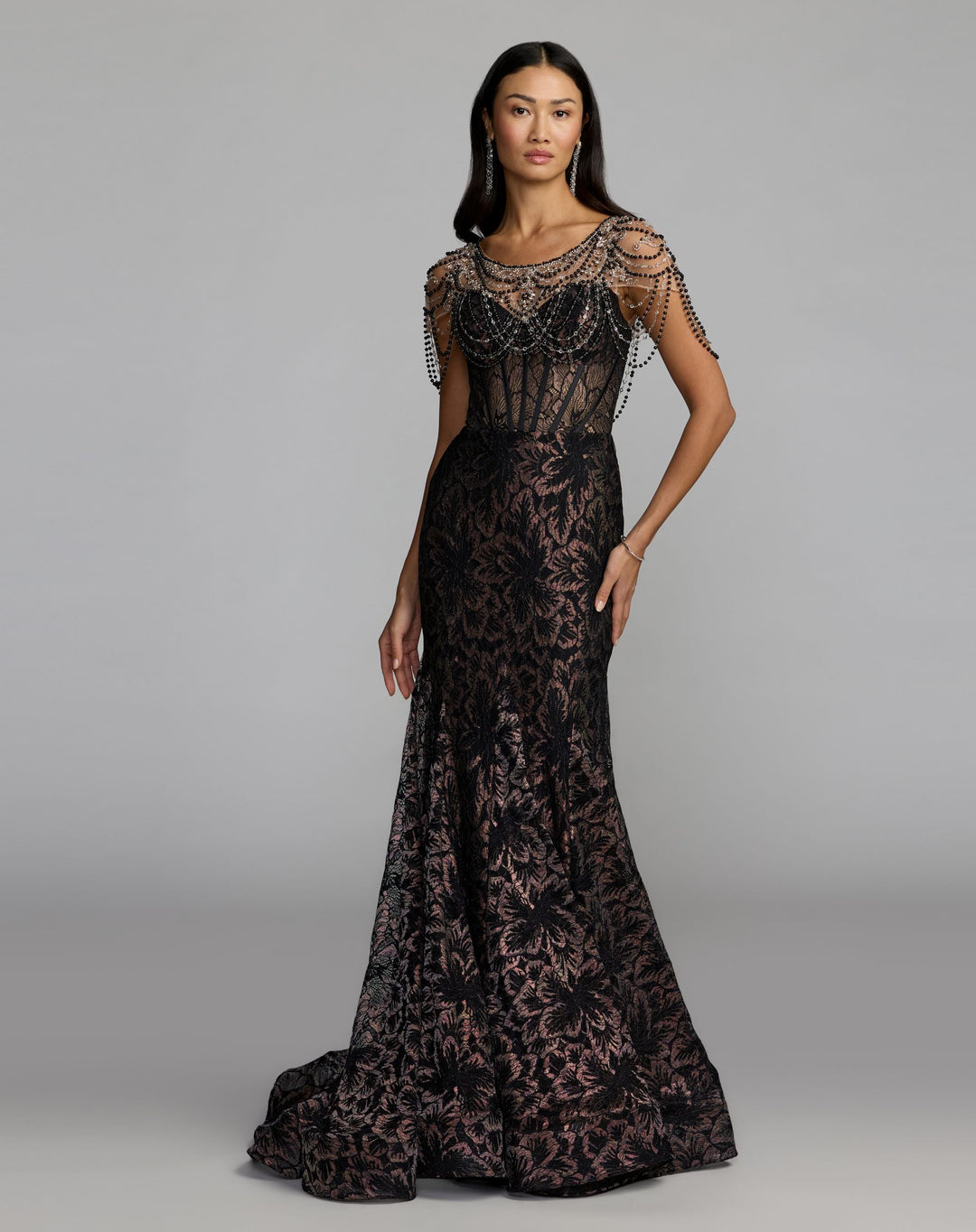 Mac Duggal 79471 Lace Corset Gown With Draped Beading