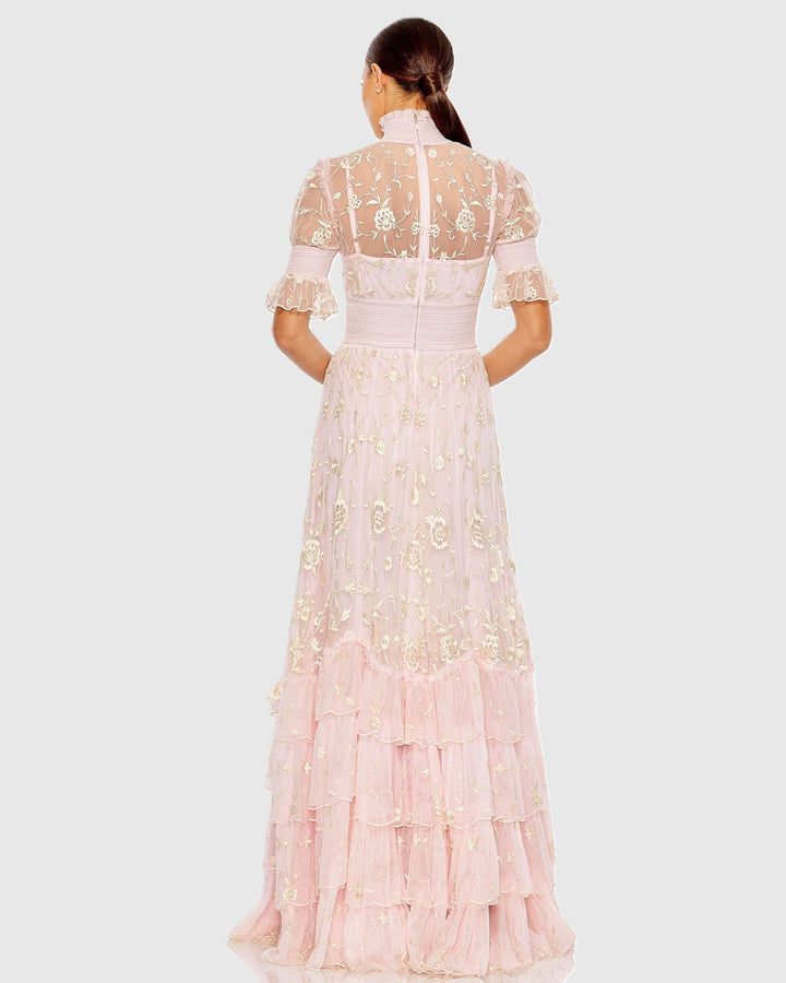 Mac Duggal 8005 Embroidered Floral Tiered Smock Neck Gown