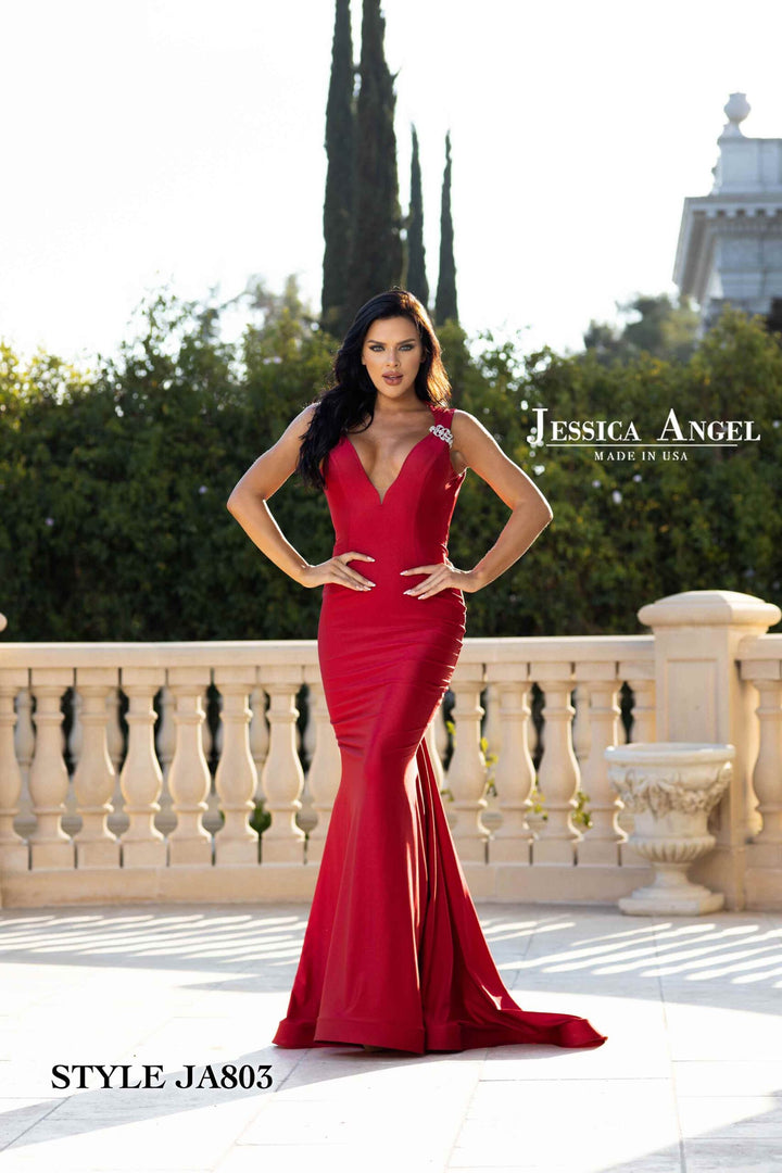 Jessica Angel 803 v-neck jersey mermaid gown front view
