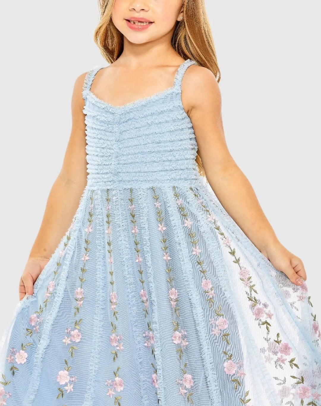 Mac Duggal 8067 Girls Ruffle Floral Embroidered Detail Midi Dress