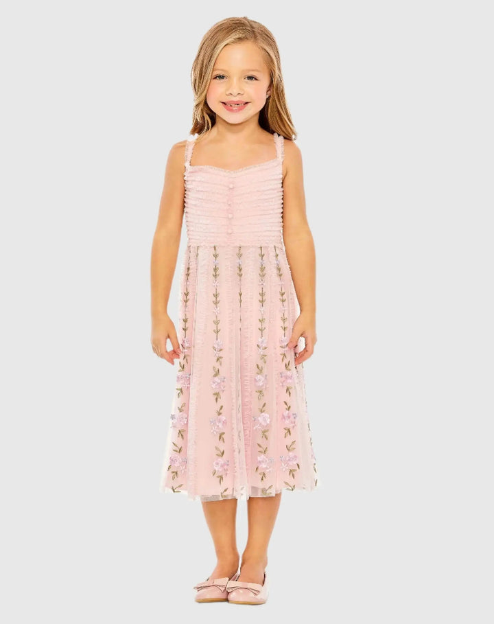 Mac Duggal 8067 Girls Ruffle Floral Embroidered Detail Midi Dress