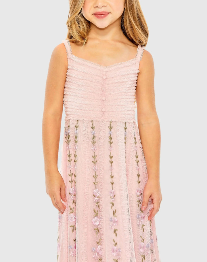 Mac Duggal 8067 Girls Ruffle Floral Embroidered Detail Midi Dress