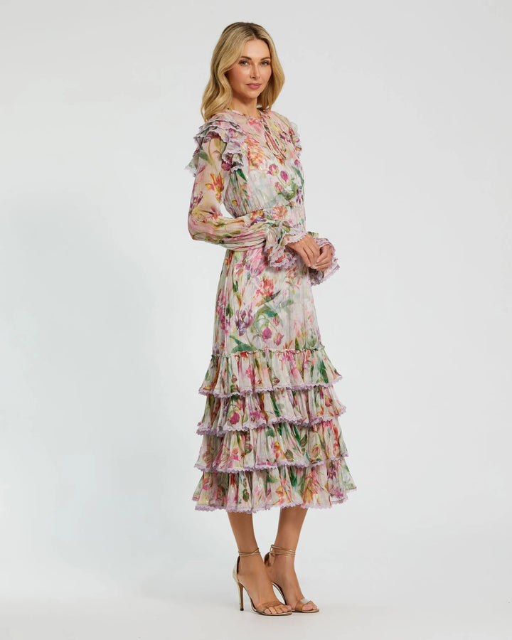 Mac Duggal 8102 Long Sleeve Ruffle Detail Floral Shift Dress