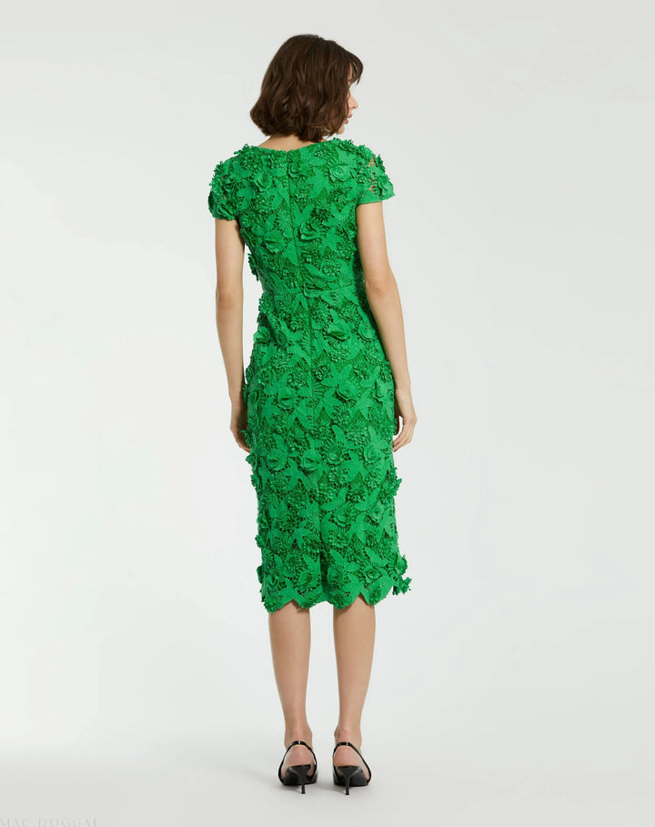 Mac Duggal 81022 Floral Lace Fitted Short Sleeve Midi Dress