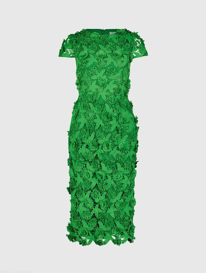 Mac Duggal 81022 Floral Lace Fitted Short Sleeve Midi Dress