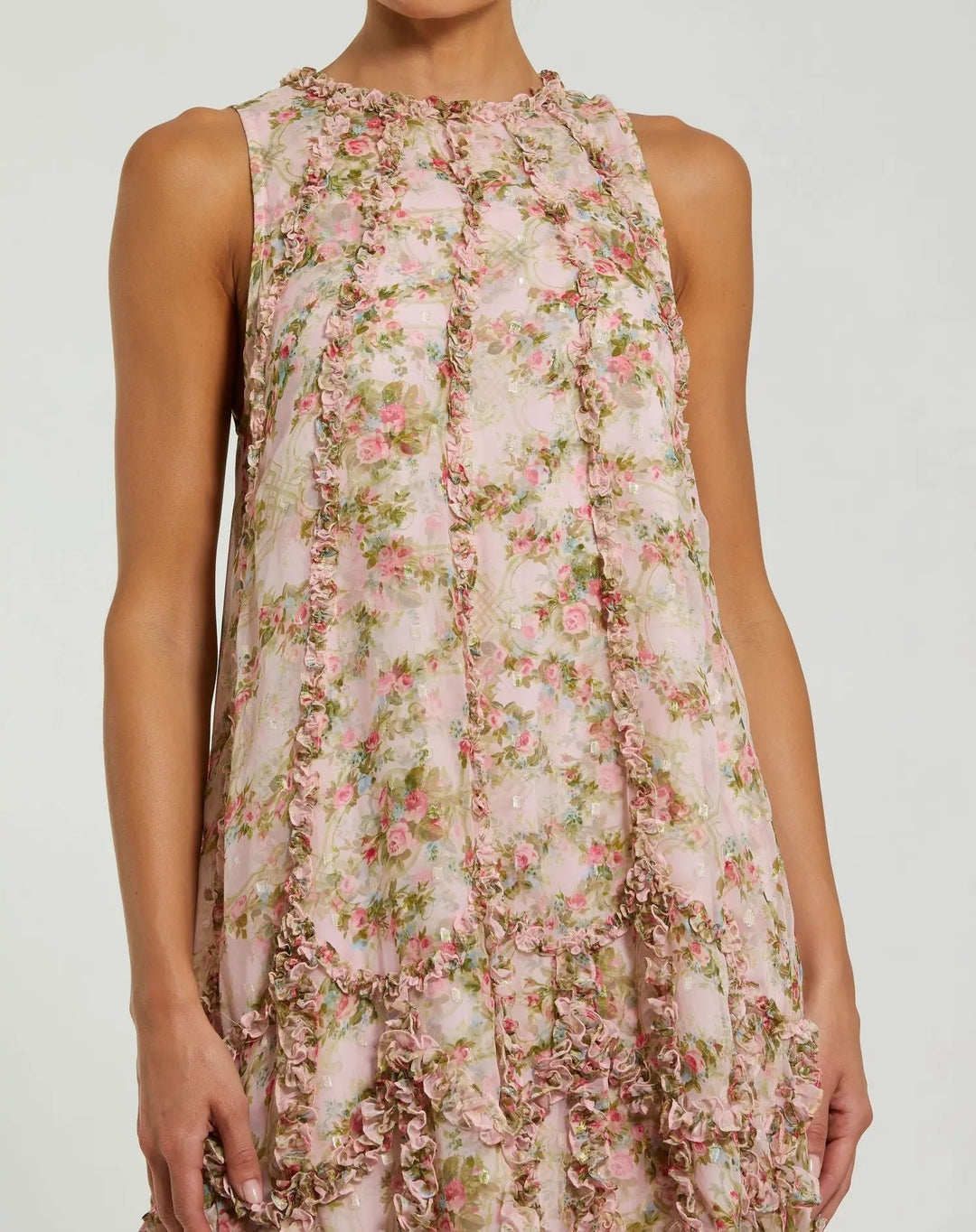Mac Duggal 8103 Pink Sleeveless Floral Micro Ruffle Trapeze Midi Dress - FOSTANI.com