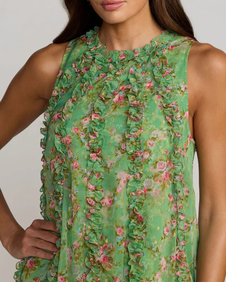 Mac Duggal 8103 Green Sleeveless Floral Chiffon Micro Ruffle Trapeze Midi Dress - FOSTANI.com