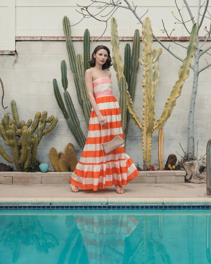 Mac Duggal 81053 Striped Organza Strapless Ruffle Maxi Dress