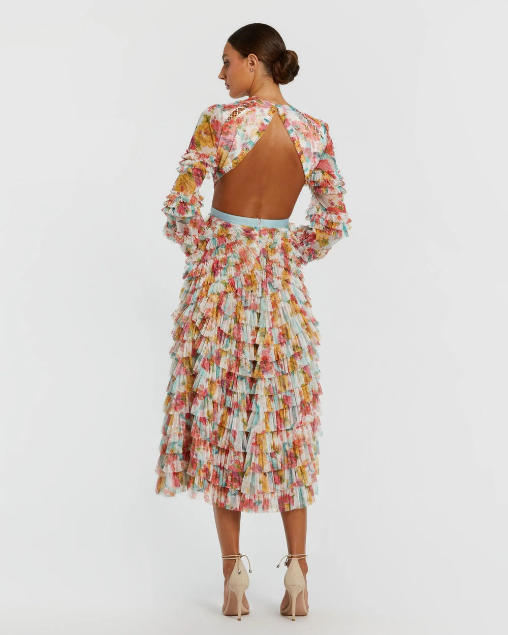Mac Duggal 8130 Long Sleeve Ruffle Criss Cross Midi Dress