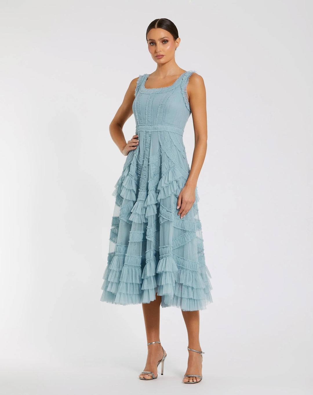 Blue Scoop Neck Sleeveless A-Line Ruffle Midi Dress - FOSTANI.com
