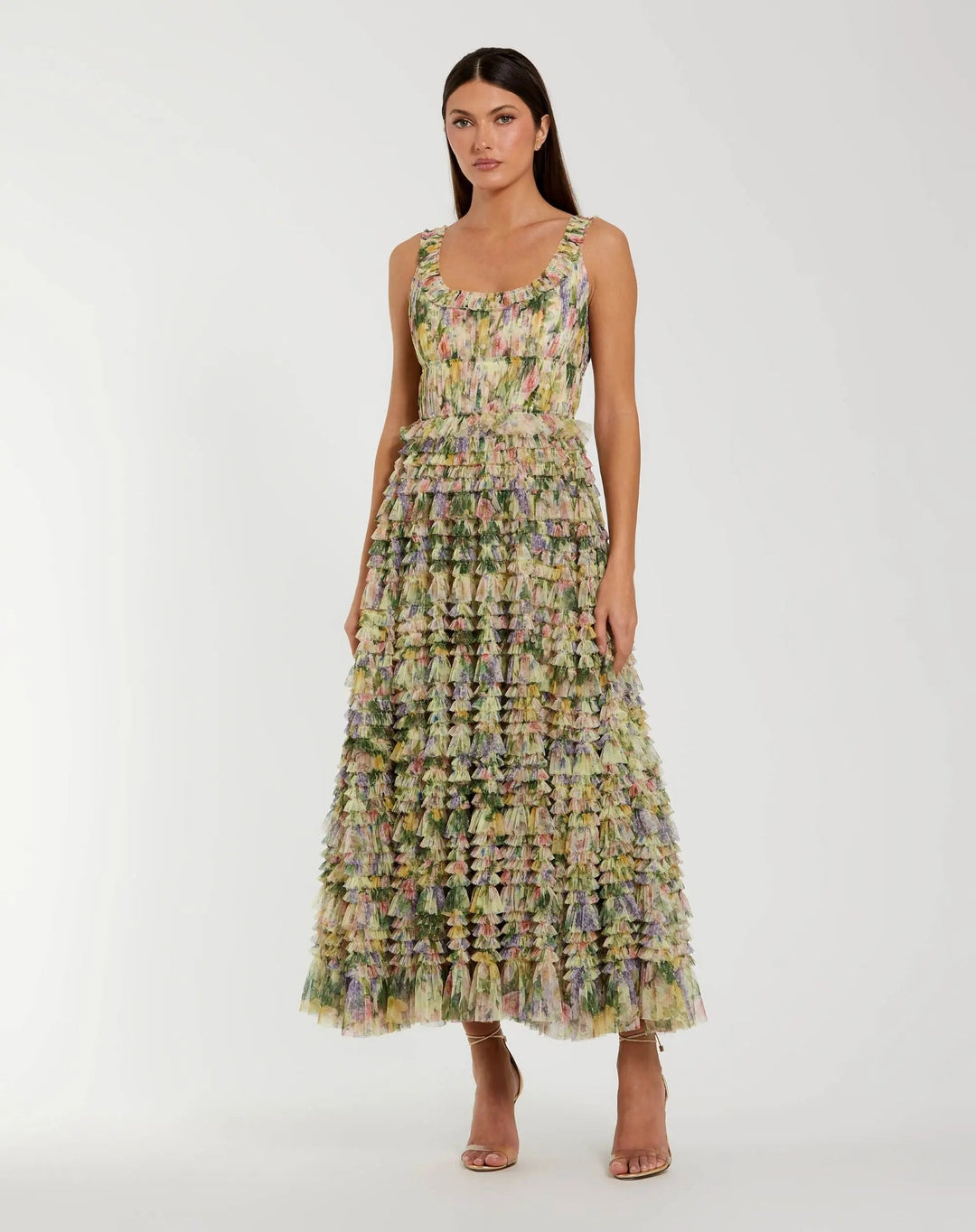 Yellow Multicolor Floral Printed Ruffle Midi Dress - FOSTANI.com