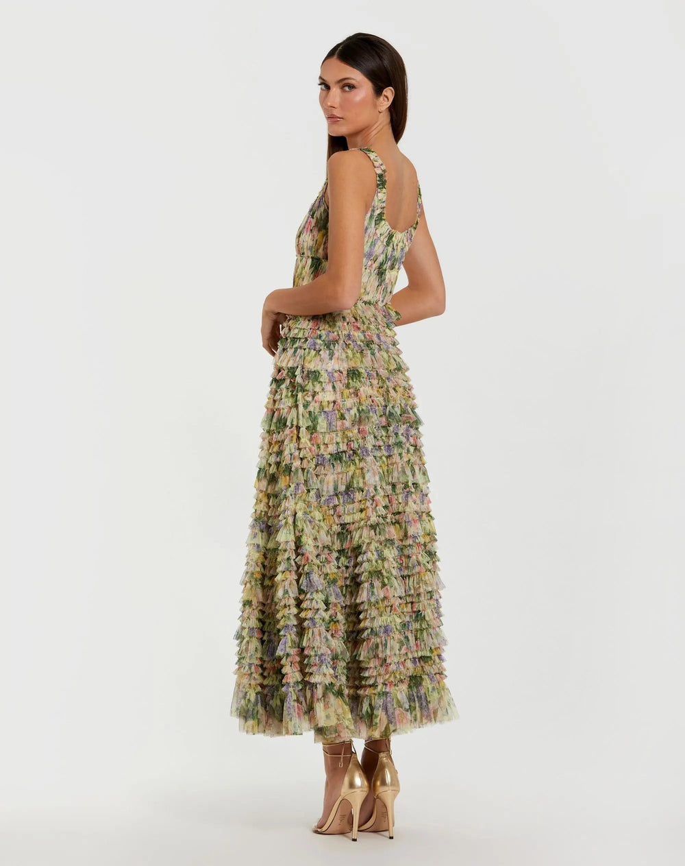 Yellow Multicolor Floral Printed Ruffle Midi Dress - FOSTANI.com