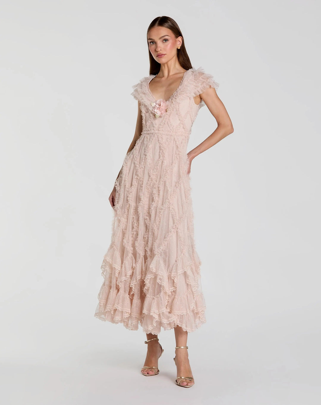 Pink Micro Ruffle Cap Sleeve A-Line Midi Dress - FOSTANI.com