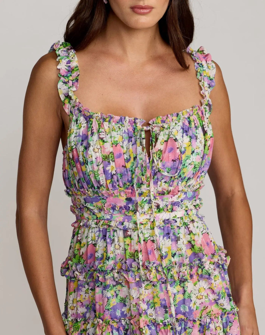 Multicolor Floral Ruffle A-Line Cotton Midi Dress - FOSTANI.com