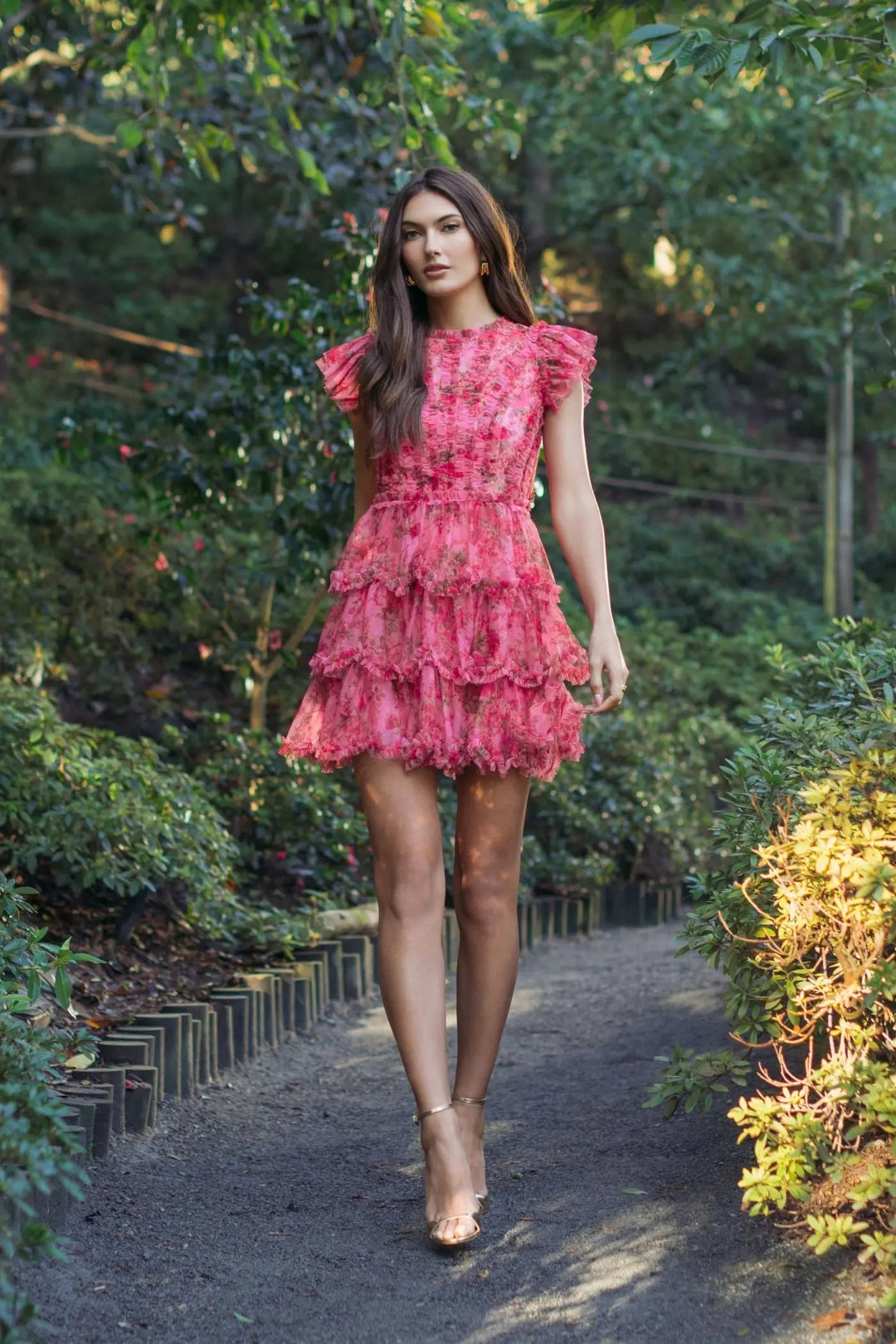 Pink Floral High Neck Cap Sleeve Ruffle Mini Dress - FOSTANI.com