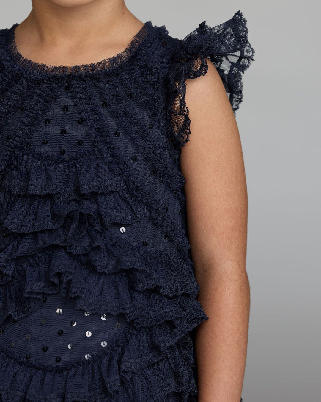 Mac Duggal 8486 Girls High Neck Cap Sleeve Micro Ruffle Dress