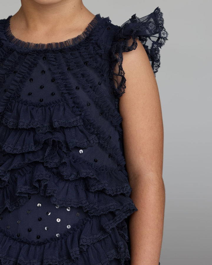 Mac Duggal 8486 Girls High Neck Cap Sleeve Micro Ruffle Dress