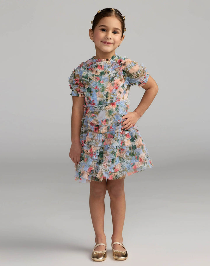 Mac Duggal 8495 Girls Floral Ruffle Puff Sleeve Dress