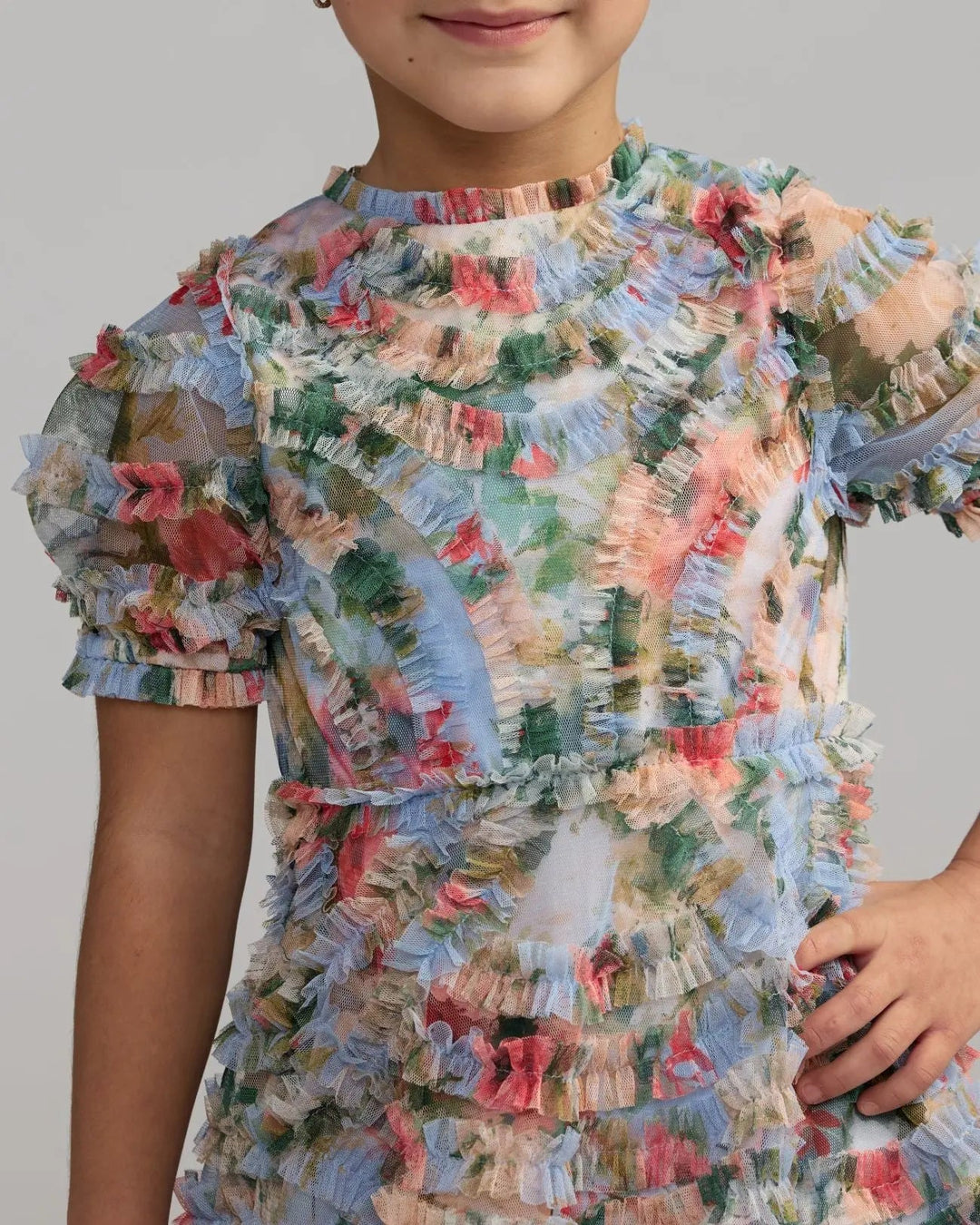 Mac Duggal 8495 Girls Floral Ruffle Puff Sleeve Dress