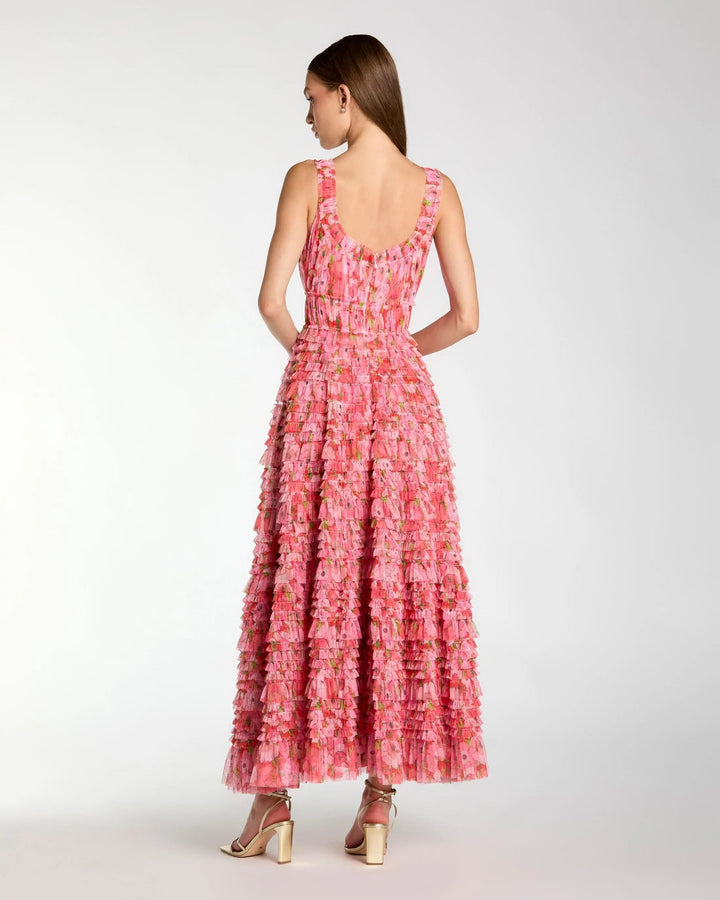 Pink Multicolor Floral Printed Ruffle Maxi Dress - FOSTANI.com