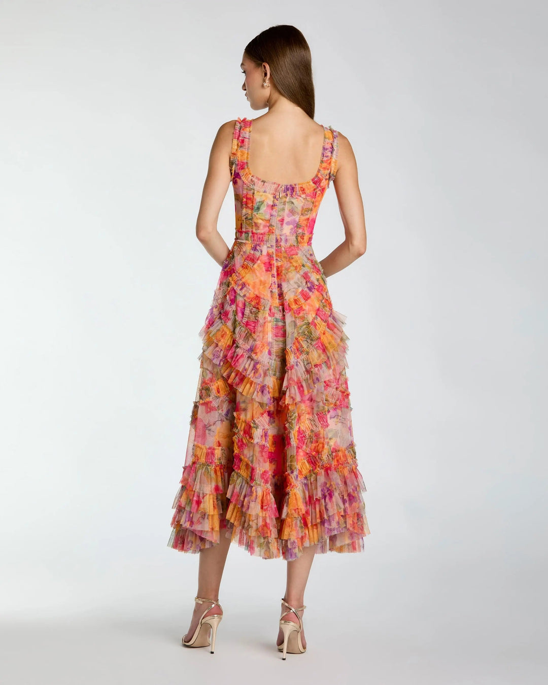Multicolor Floral Scoop Neck A-Line Ruffle Midi Dress - FOSTANI.com