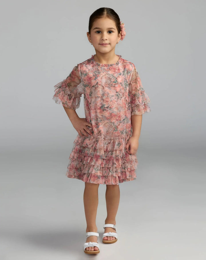 Mac Duggal 8501 Girls Floral Printed Short Sleeve Ruffle Dress