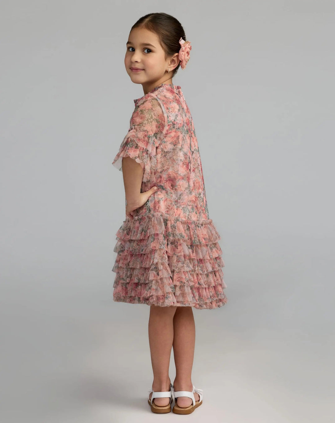 Mac Duggal 8501 Girls Floral Printed Short Sleeve Ruffle Dress