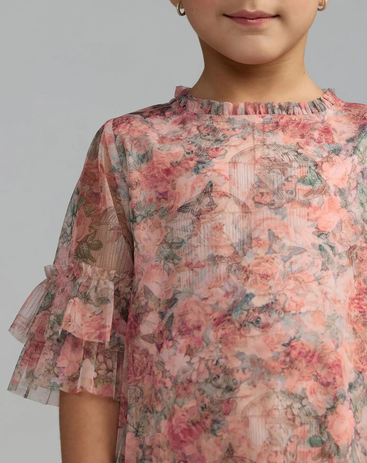 Mac Duggal 8501 Girls Floral Printed Short Sleeve Ruffle Dress