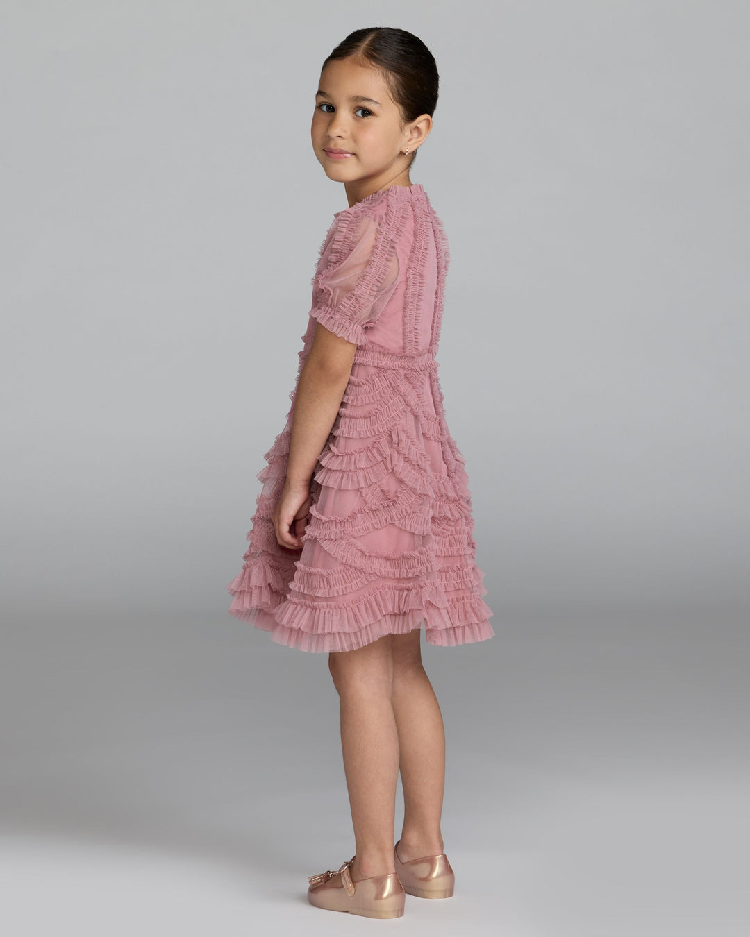Mac Duggal 8503 Girls High Neck Puff Sleeve Ruffle Mini Dress