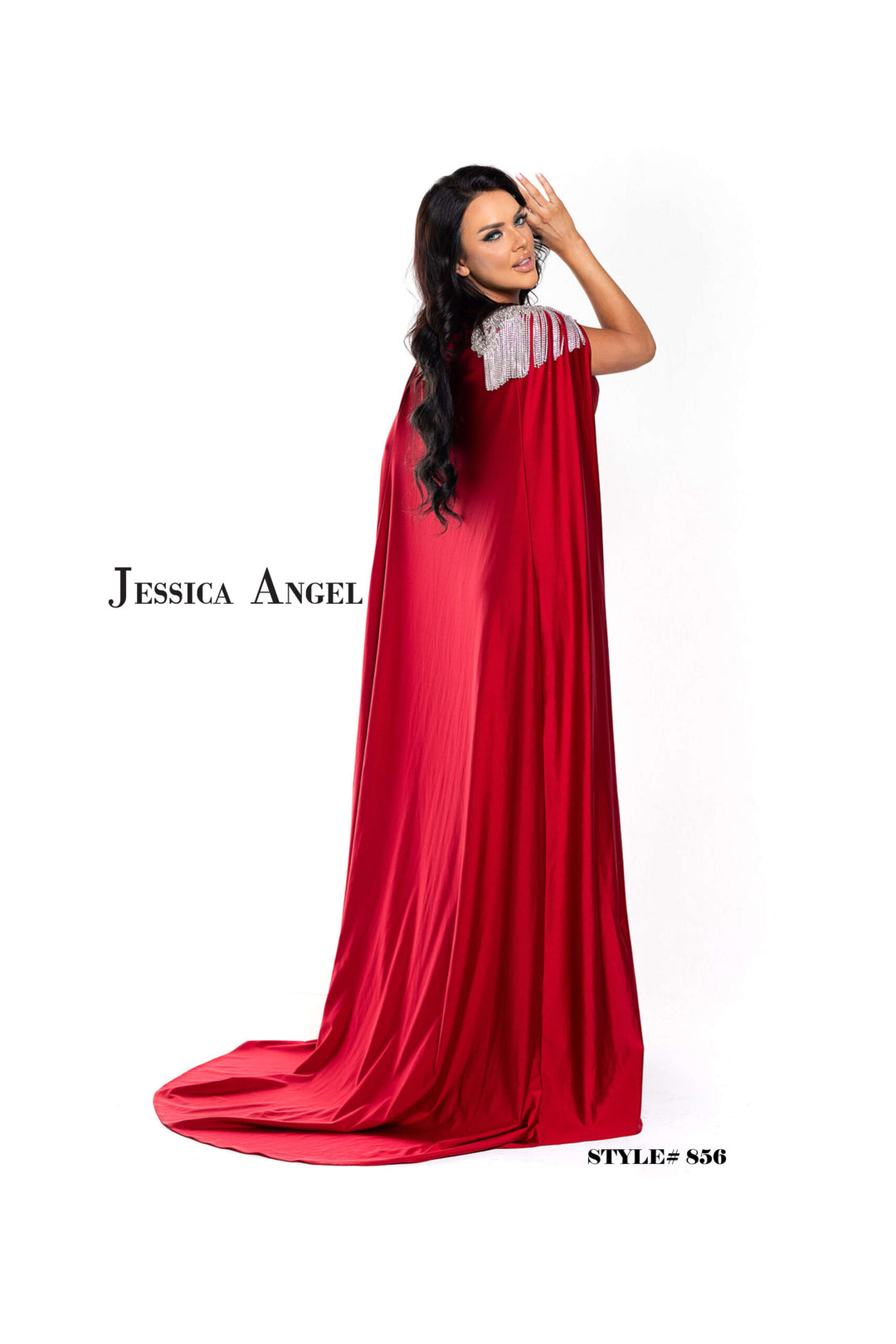 Jessica Angel 856 high neck cape jersey mermaid gown back view