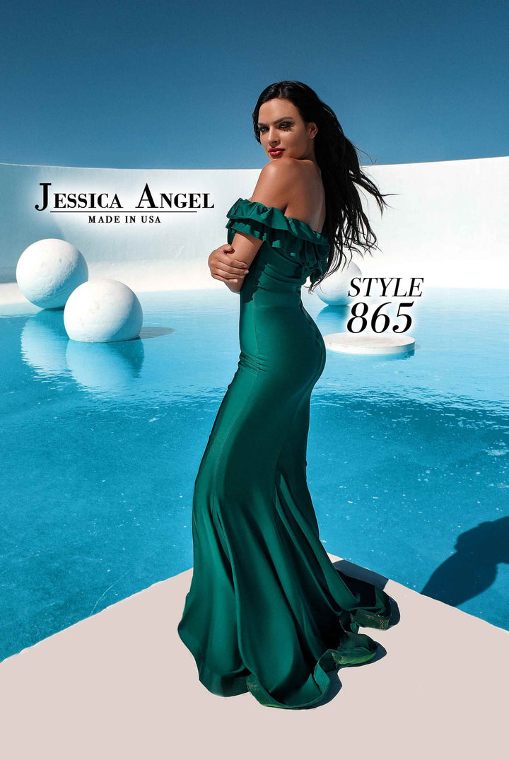 Jessica Angel 865 off shoulder ruffle mermaid gown back view 2