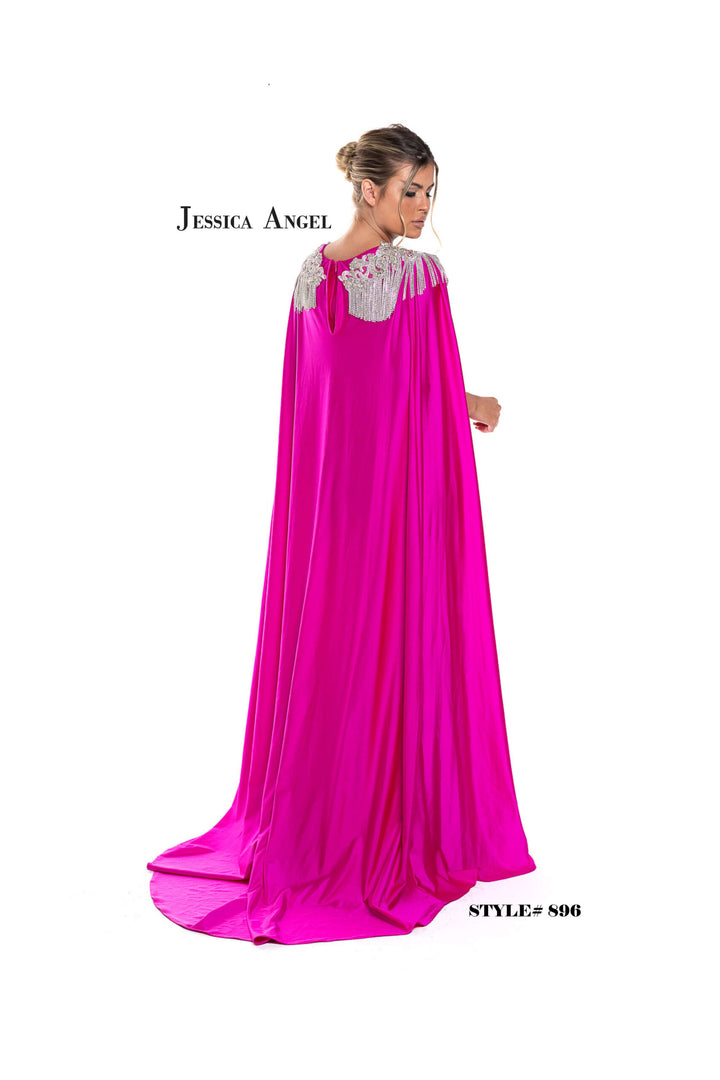 Jessica Angel 896 V-neck jersey mermaid gown with cape back view