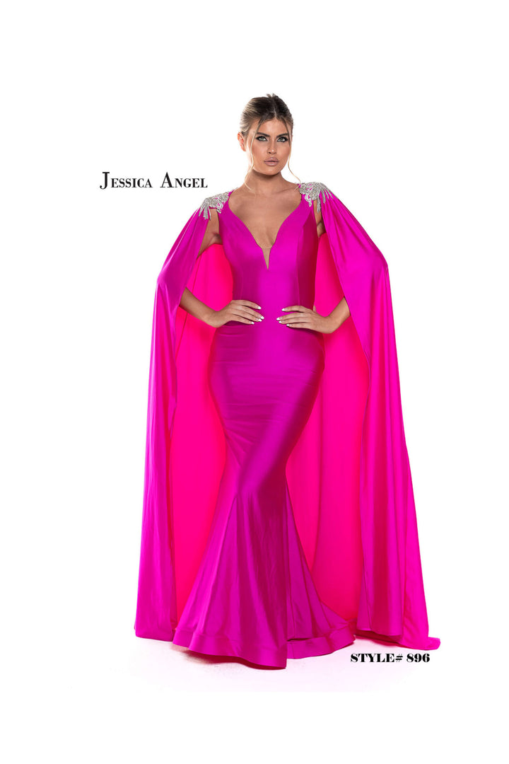 Jessica Angel 896 V-neck jersey mermaid gown with cape front view