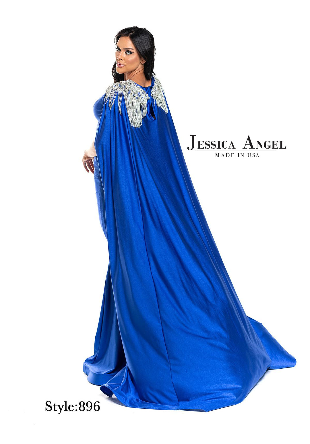 Jessica Angel 896 V-neck jersey mermaid gown with cape alternate view 4