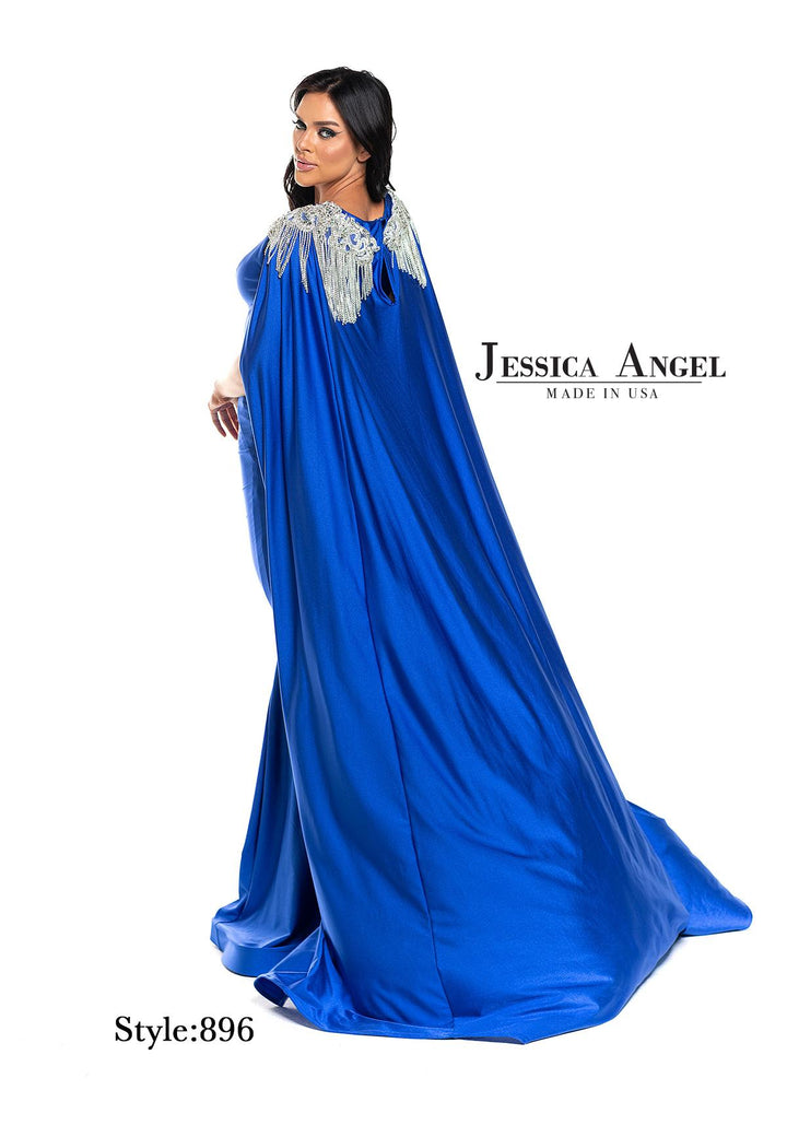 Jessica Angel 896 V-neck jersey mermaid gown with cape alternate view 4