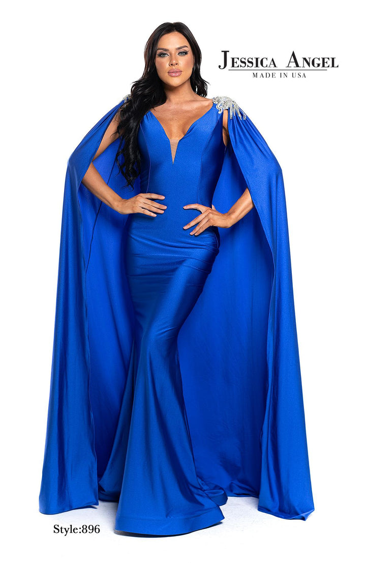 Jessica Angel 896 V-neck jersey mermaid gown with cape alternate view 3