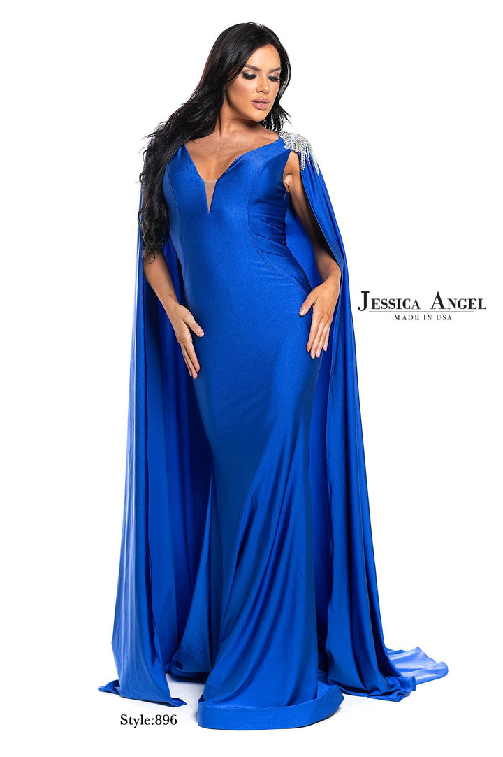Jessica Angel 896 V-neck jersey mermaid gown with cape alternate view 2