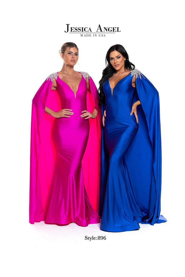 Jessica Angel 896 V-neck jersey mermaid gown with cape alternate view 5