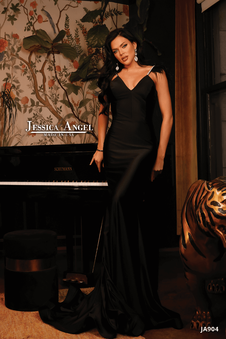 Jessica Angel 904 V-Neck Feather Shoulder Jersey Mermaid Gown view 8