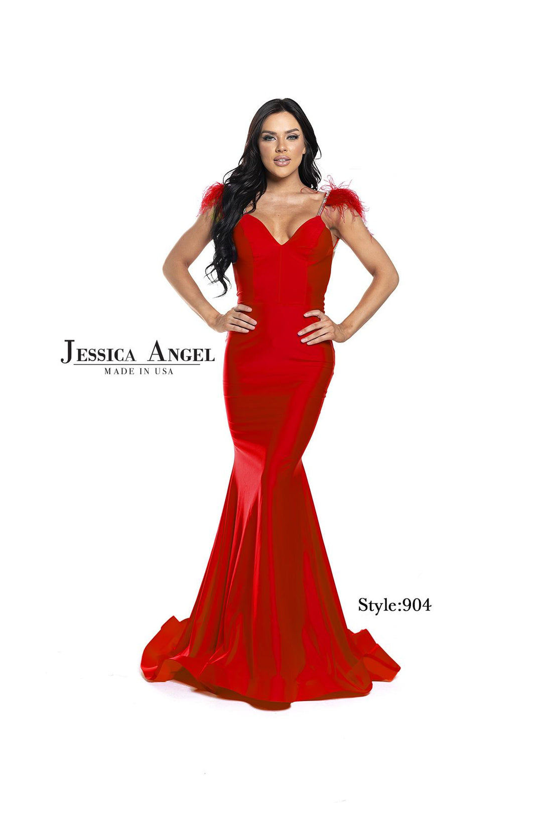 Jessica Angel 904 V-Neck Feather Shoulder Jersey Mermaid Gown view 3