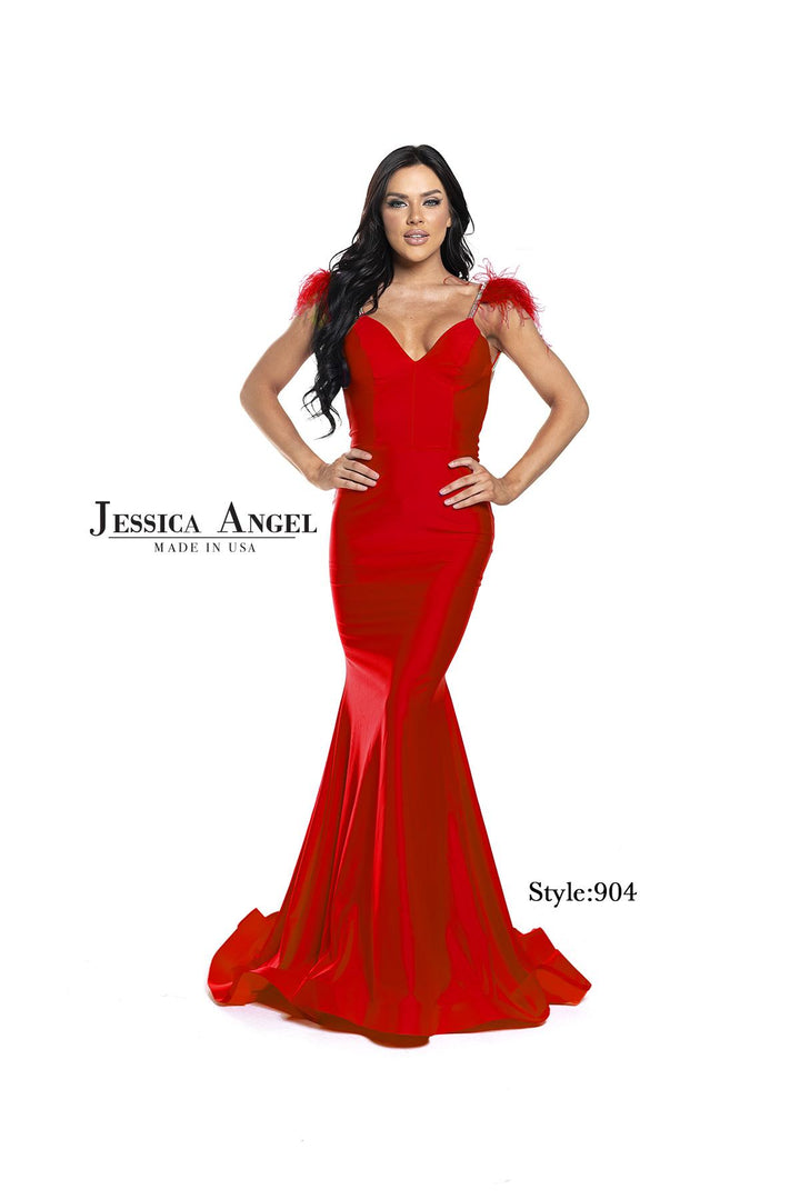 Jessica Angel 904 V-Neck Feather Shoulder Jersey Mermaid Gown view 3