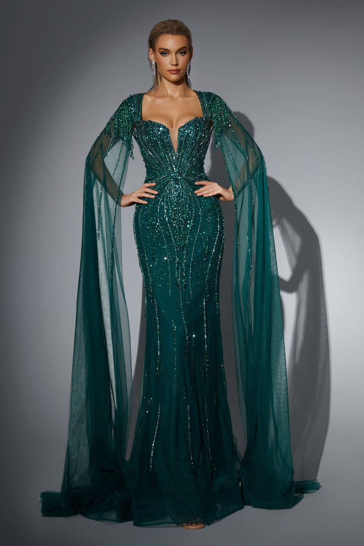 Delilah HM329 Plunging Sweetheart Beaded Mermaid Gown with Crystal Fringe Straps and Cape Sleeves - Emerald front view
