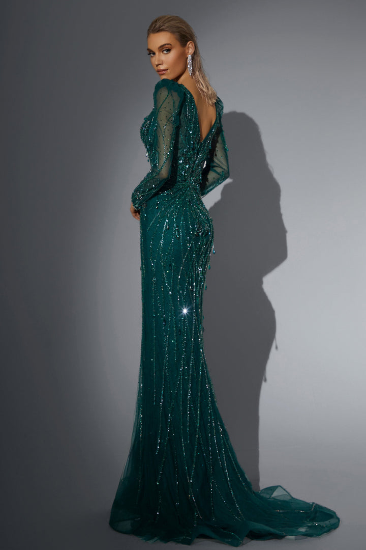 Delilah HM330 Plunging V-Neck Long Sleeve Beaded Mermaid Gown - Emerald back view